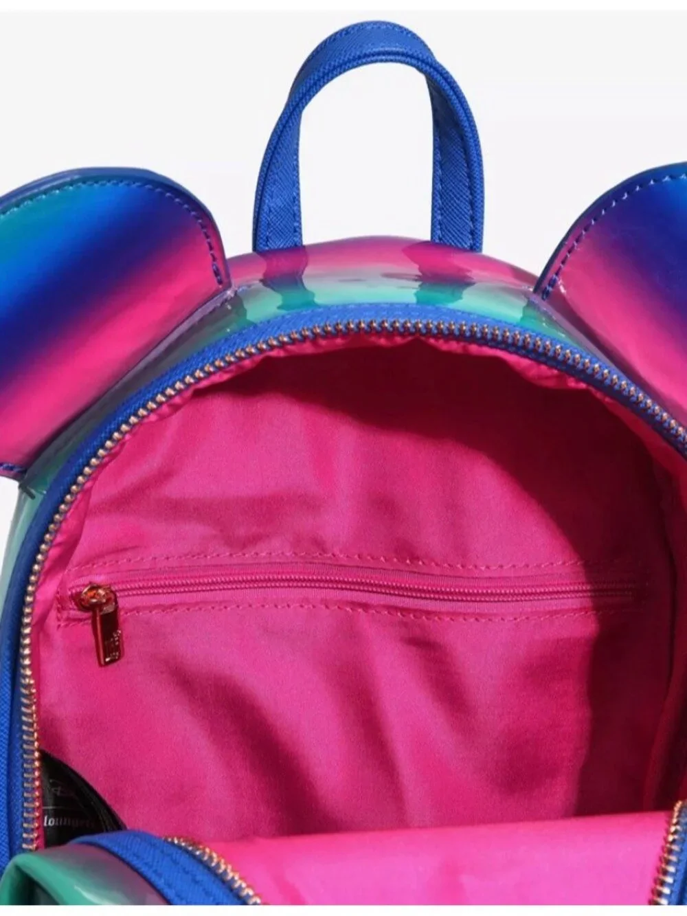 Loungefly Minnie Mouse Bow Ombre Striped Patent Leather Slick Pink Blue NWT